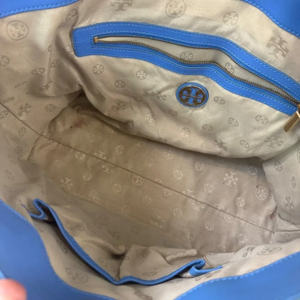 Tory Burch Blue Leather‎ Tote Bag Perforated Details Gold Logo  Shopper Tote